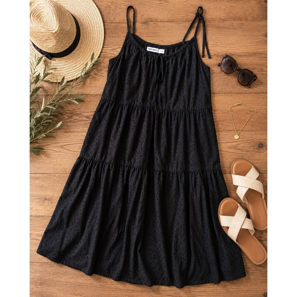 Old Navy Tall Black Tiered Mini Dress Coastal Boho Lightweight Sundress L Tall